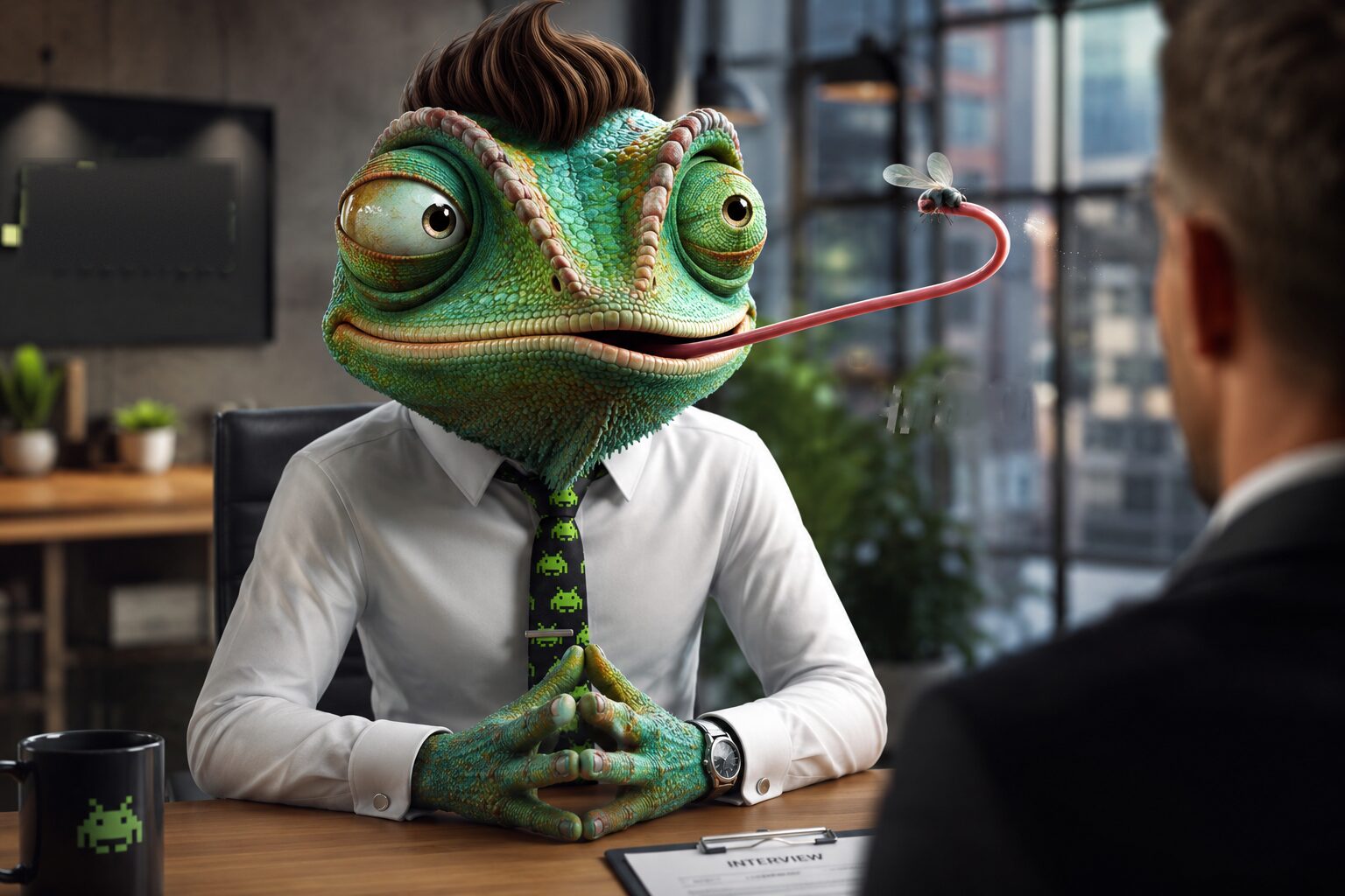 Cam the chameleon AI interviewer catching a fly