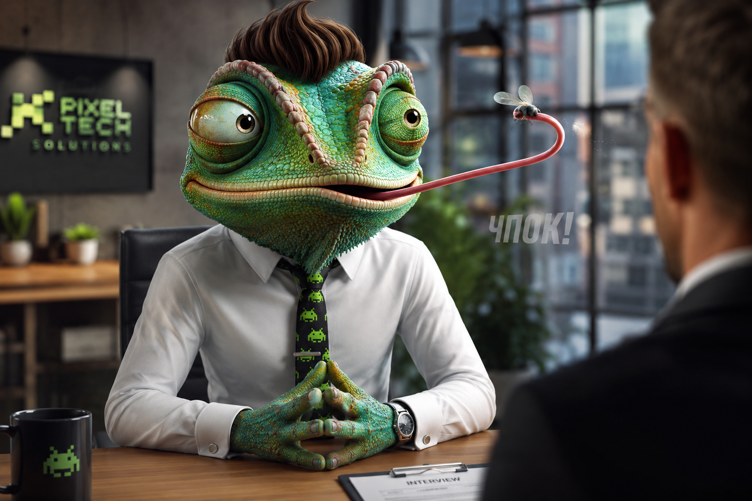Cam the chameleon AI interviewer catching a fly